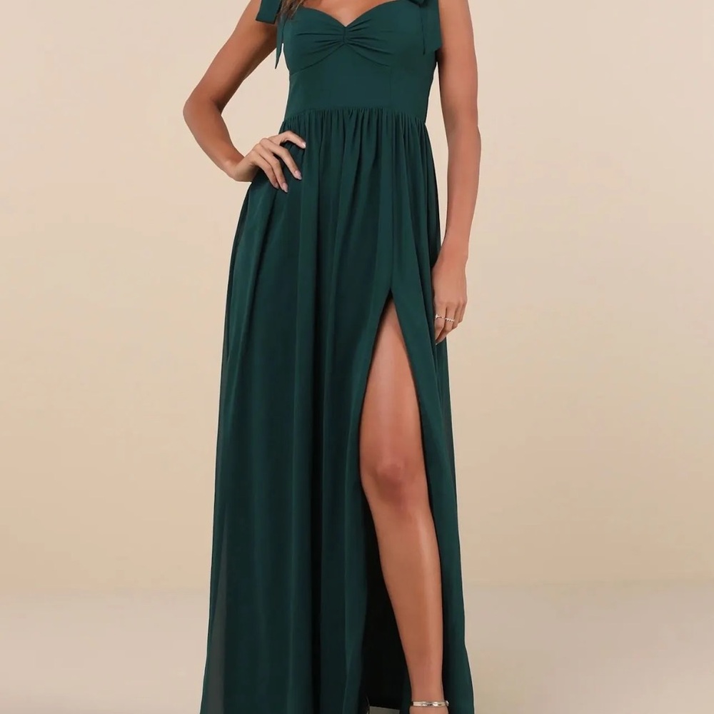Lulus Radiant Charisma Emerald Green Chiffon Ruched Tie-Strap Maxi Dress